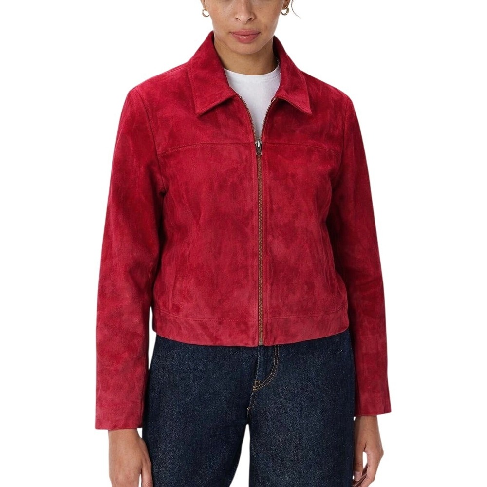 Vtg Coldwater Creek Suede Leather Jacket Zip Front Women XL 2XL Red Cropped Boxy